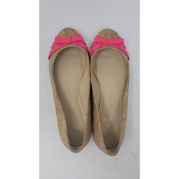 KATE SPADE TAN CORK BALLET FLATS HOT PINK BOW DETAIL - Picture 3 of 6